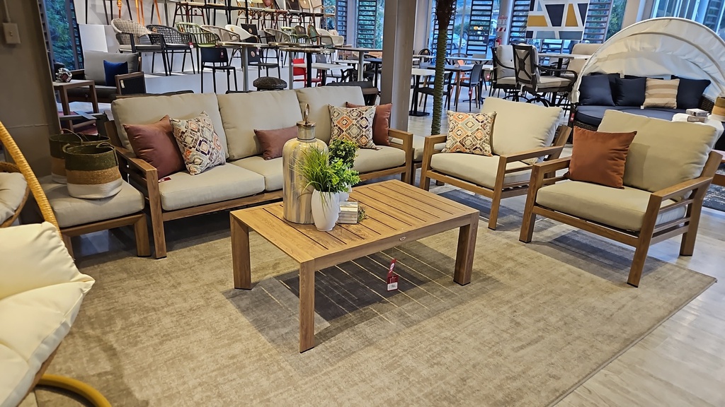 SET SOFA TRIPLE DION 2 SOFA INDIVIDUALES 2 OTTOMAN 1 MESA CENTRO GRIS ACABADO TEAK HAI18C060A-CLB-KD