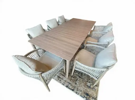 SET COMEDOR HEAVEN MESA RECTANGULAR 8 SILLAS CON BRAZO CAFE HAI24T102-220100A-C